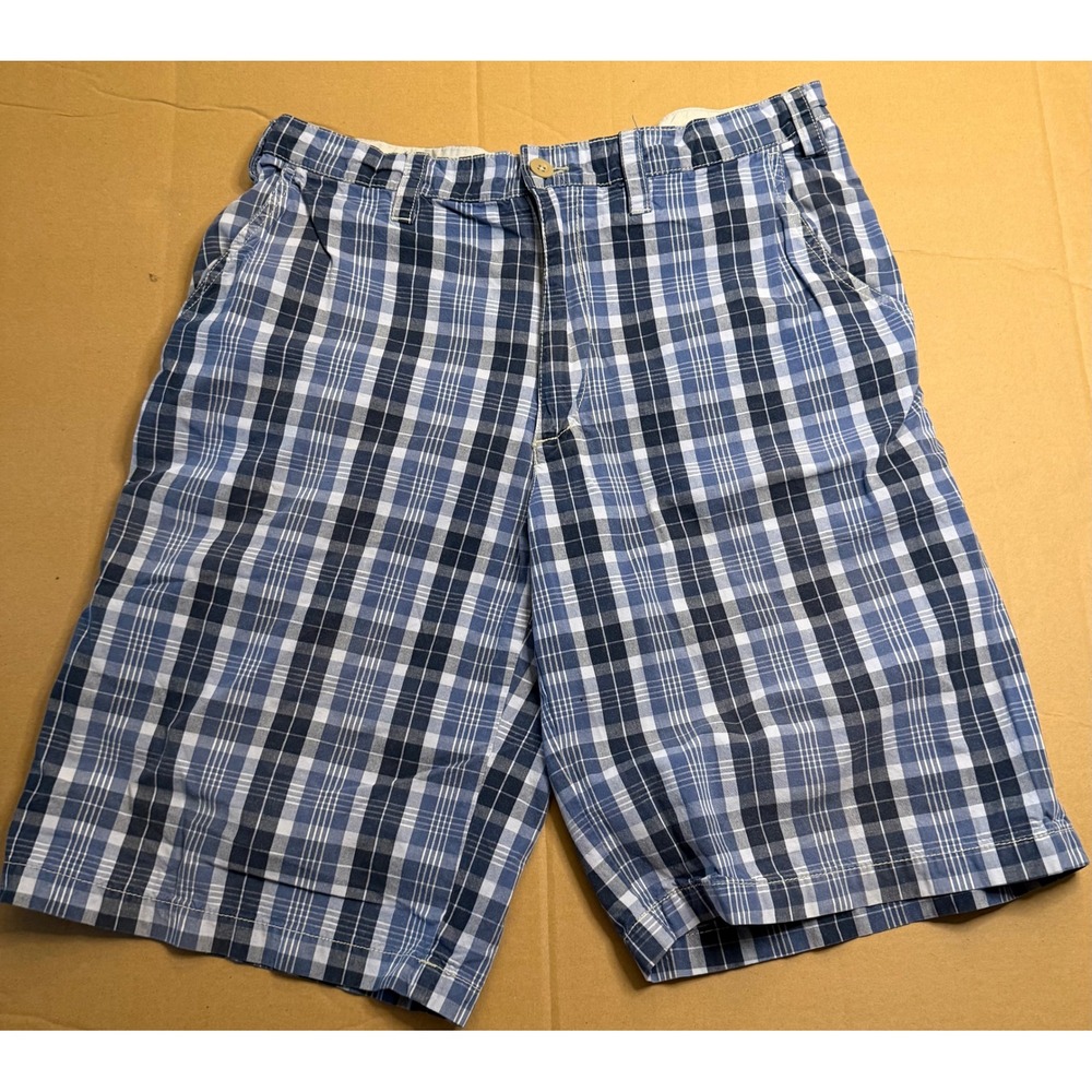 Mossimo Mens Blue White Plaid Cotton Flat Front Casual Shorts Size 34